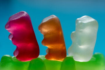 Three сolorful jelly gummy bears on a jelly gummy crocodile