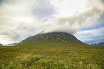 Mountain in northern Scotland covered in clouds.