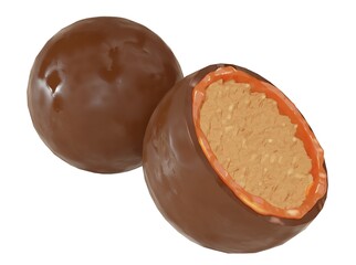 Chocolate balls on a white background. chocolate and caramel wafer. 3D illustration