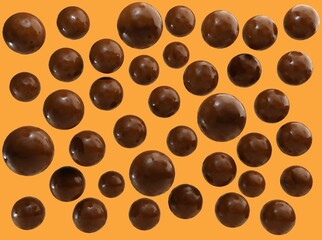 realistic chocolate balls on orange background. 3D illustration
