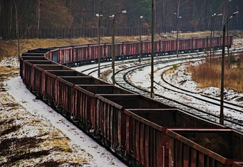 Stare sterane , zardzewiałe wagony pociągu towarowego stojącego na bocznicy w lesie , w zimie,posypane śniegiem - obrazy, fototapety, plakaty