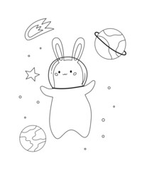 Cute space bunny with stars, comet and planets. Hand drawn doodle bunny. Vector illustration for coloring book.