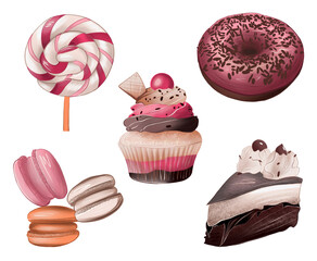 Set of sweets in pink , beige and brown colors, donut, lollipop, cake, cupcake and macarons