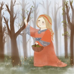 a girl with a basket in her hands in the spring forest