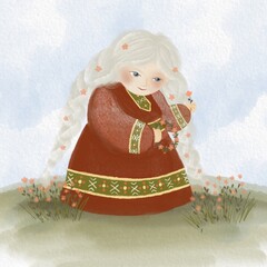 a girl with white braids in a spring meadow with flowers