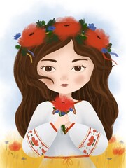 a girl in a national costume with a wreath on her head and a bouquet of poppies in her hands in a wheat field