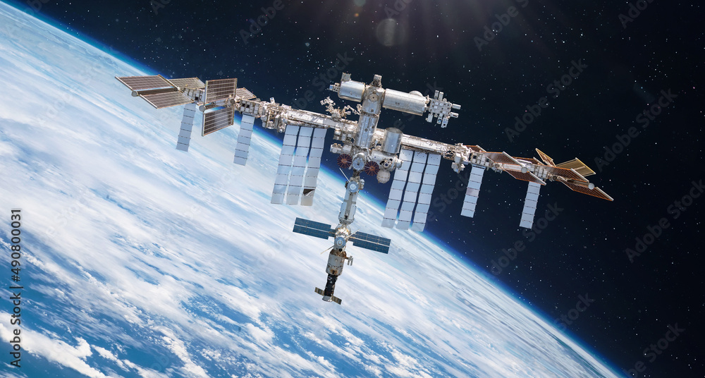 Leinwandbilder international space station on orbit of earth. space wallpaper with iss and planet surface. high res