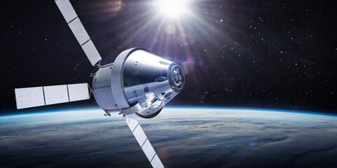 Orion spacecraft in space. Spaceship on orbit of Earth. Sci-fi wallpaper. Artemis space program. Expedition to Moon. Space shuttle with astronauts. Elements of this image furnished by NASA 