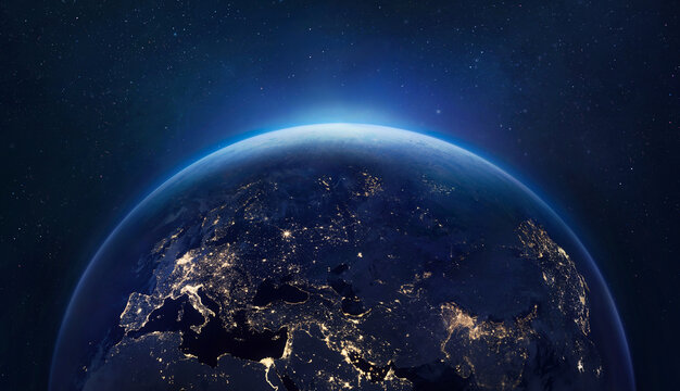 Earth at night. Planet Earth in space. Turn off your lights for save climate. Elements of this image furnished by NASA 