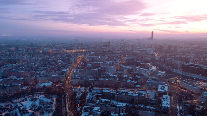 Fototapeta na wymiar Bird's eye view of the city of Wroclaw, evening sunset