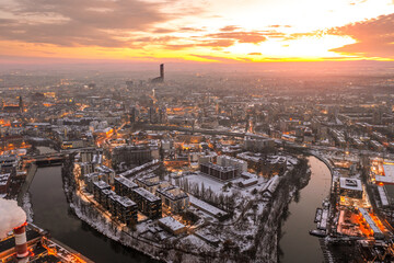 Fototapeta premium Evening panorama of the city of Wroclaw, at sunset, view from a height
