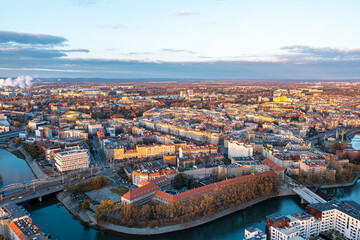 Aerial view of the city of Wroclaw. Panorama of an old European city from the air on a summer day