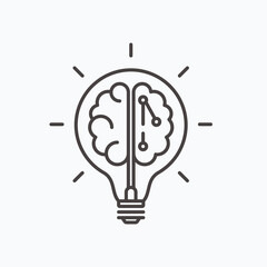 Creative Idea Thin Line Icon. Brain in lightbulb innovation logo. Illustration.