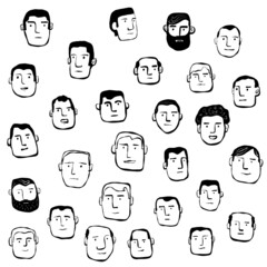 Portrait Drawings of Faces of Men in a Crowd