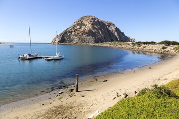 Morro Bay Rock and Harbor or Harbour Beach Landscape View along Scenic Pacific Ocean California Coastline