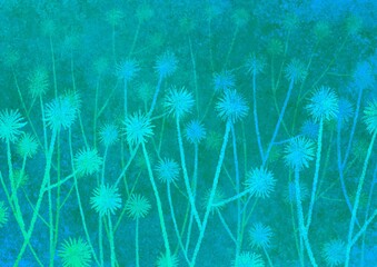 Blue green turquoise watercolor flowers, leaves and branches on hand drawn vintage background with blur, gradient and grunge texture. Watercolor texture. Space for creative ideas, artwork.