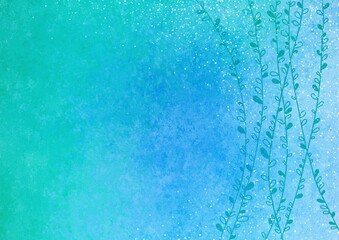 Blue green turquoise old vintage background with blur, gradient and grunge texture. Thin long twigs with leaves on a colored background. Watercolor texture with stains, splashes and strokes. 