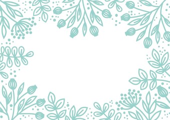 Leaves, flowers and twigs on a white background. Plant frame with floral design. Space for text and graphic design. Festive background with a pattern of twigs.