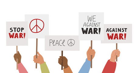 Hands holding placard with stop war quotes. Pacifist demonstration. Protest activism. Vector illustration