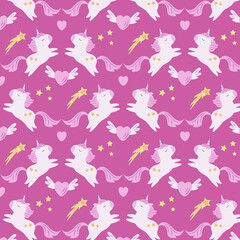 Fototapeta na wymiar Cute unicorn heart star seamless, tileable pattern on pink background. Drawing for kids clothes, t-shirts, fabrics or packaging.