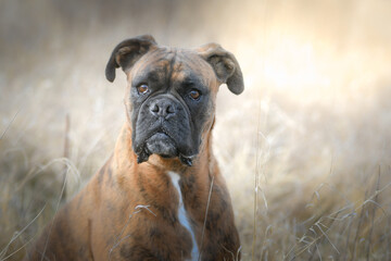 Portrait d'un chien de race boxer dans un champ