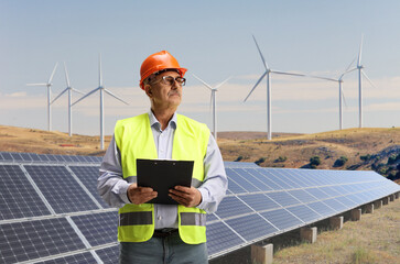 Male engineer standing on a field with solar panels and wind turbines