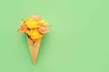 Yellow roses in a waffle ice cream cone on a green background. Mothers Day, Valentines Day, bachelorette