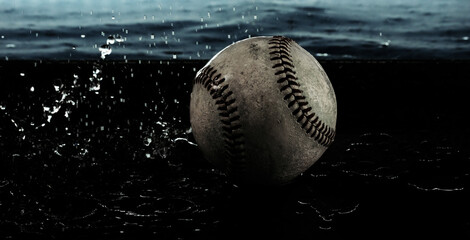 Rain game concept for baseball sport with water splash on ball and copy space on banner background.
