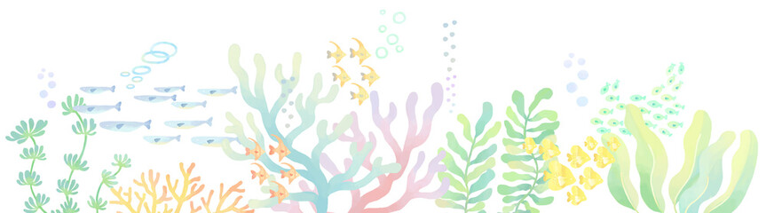 Fototapeta na wymiar 珊瑚と小魚の下ラインフレーム飾り枠 イラスト / 珊瑚 . 小魚 . 水中 . カラフル