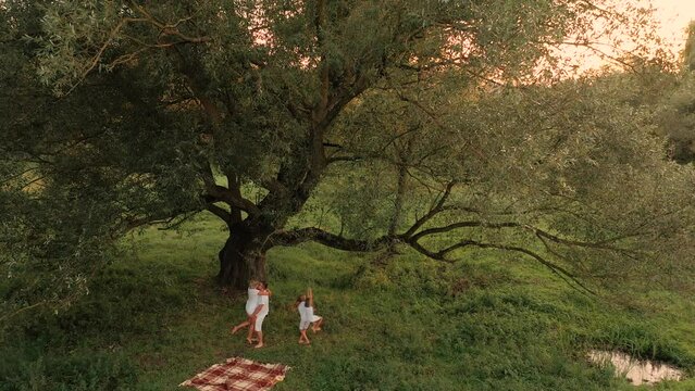 4k cheerful happy family dad mom daughters have fun playing at summer outdoors together. father mother sisters ride each other on rope swing parents hugging whirl kissing. 4k aerial top under big tree