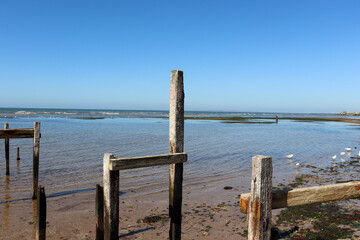 dilapidated wooden pier on the beach