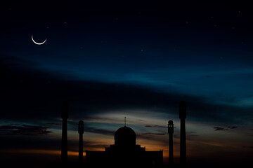 Concept the crescent moon the symbol of Islam begins the eid al Fitr. Seeing the moon in the night...
