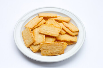 Cheese crispies on white background.