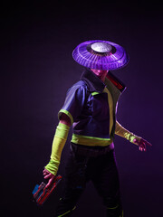 Futuristic character in a bright stylized outfit, photo with neon colors. A fantastic character, a...