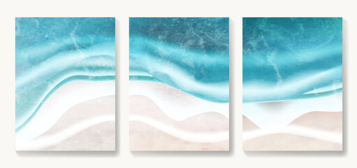 Art background with beach and blue ocean, waves and splashes for decoration, wallpaper design