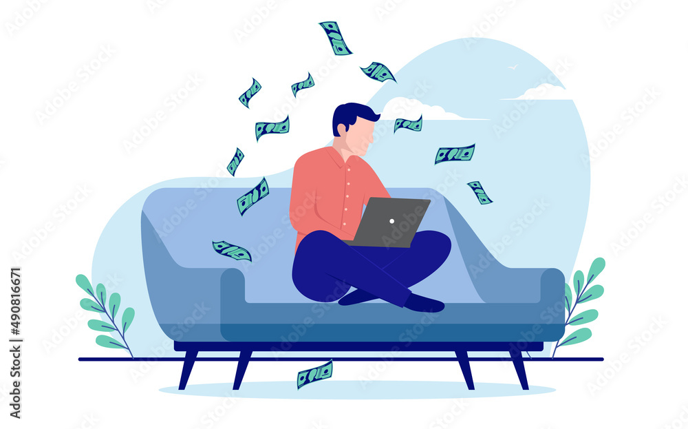 Poster Making money online from home - Man sitting with computer in couch making income. Flat design vector illustration with white background