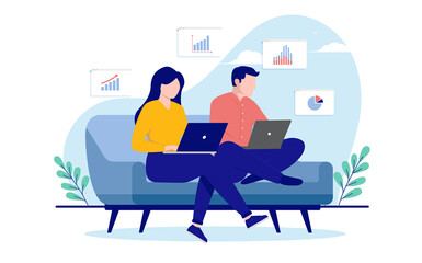 Man and woman working on laptop computers in sofa at home. Remote work concept, flat design vector illustration with white background