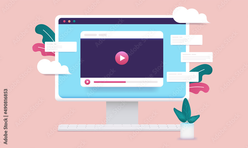 Poster Online video on computer screen - Desktop monitor with video player popping out. Vector illustration