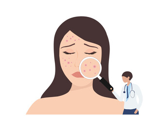 Dermatologist checking young woman face with skin acne, pimples, blackheads vector illustration. Acne skin face problem concept