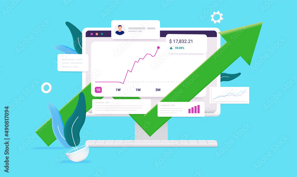 Poster stock market trading success - desktop computer screen with rising chart showing profits and market 