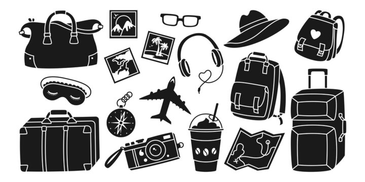 Travel or vacation journey printing sign set. Symbol vintage camera, sleep mask, luggage suitcase headphones plane trendy stencil. Summer sunglasses hat, holiday icon kit diary memory scrapbook vector
