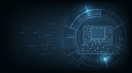Online Courses concept.Laptop technology with book Online through laptop Screen Over dark blue background.E-learning concept.Vector Illustration.
