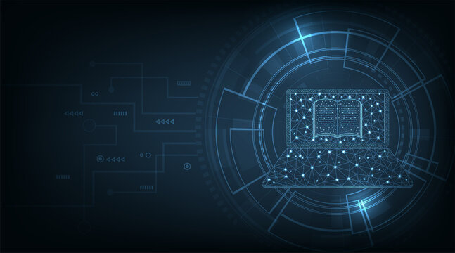 Online Courses concept.Laptop technology with book Online through laptop Screen Over dark blue background.E-learning concept.Vector Illustration.
