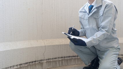 外壁の劣化・ひび割れを点検する作業員