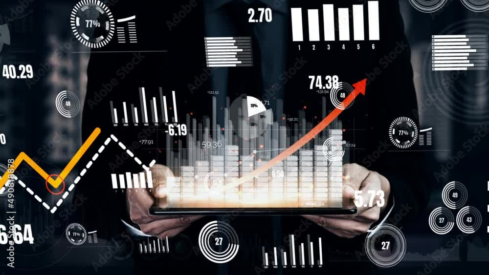 Poster double exposure image of business and finance conceptual - businessman with report chart up forward 