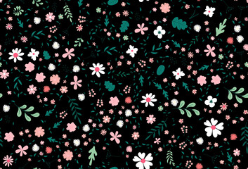 Fototapeta na wymiar Cute colorful texture with flowes, leaves and plants. Illustration with natural elements. Brand new Pattern for your business