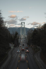 High angle shot of the busy Lions Gate Bridge in Vancouver