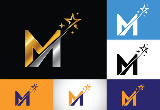 Initial M monogram letter alphabet with swoosh and star logo icon. Abstract star logo sign symbol design. Modern vector logo for business and company identity.