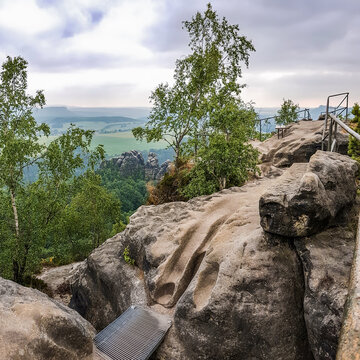 Hiking trail on top of the Schrammsteine rocks, Saxony, Germany