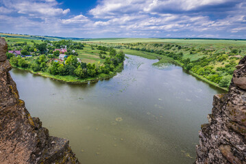 Fototapeta na wymiar Aerial view of River Zhvanchyk in Khmelnytskyi region of Ukraine